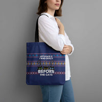Crazy Cat Lover Tote Bag with Black Cats and Funny Quote in Blue Holiday Knit Pattern Design - Wonder Print Shop