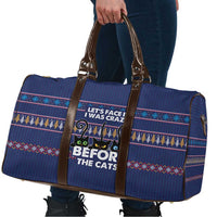 Crazy Cat Lover Travel Bag with Black Cats and Funny Quote in Blue Holiday Knit Pattern Design - Wonder Print Shop
