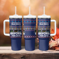 Crazy Cat Lover Tumbler With Handle with Black Cats and Funny Quote in Blue Holiday Knit Pattern Design - Wonder Print Shop