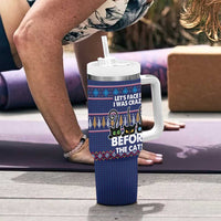 Crazy Cat Lover Tumbler With Handle with Black Cats and Funny Quote in Blue Holiday Knit Pattern Design - Wonder Print Shop