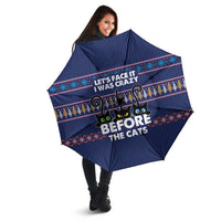 Crazy Cat Lover Umbrella with Black Cats and Funny Quote in Blue Holiday Knit Pattern Design - Wonder Print Shop