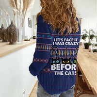 Crazy Cat Lover Women Casual Shirt with Black Cats and Funny Quote in Blue Holiday Knit Pattern Design - Wonder Print Shop