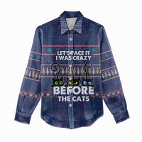 Crazy Cat Lover Women Casual Shirt with Black Cats and Funny Quote in Blue Holiday Knit Pattern Design - Wonder Print Shop