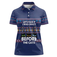 Crazy Cat Lover Women Polo Shirt with Black Cats and Funny Quote in Blue Holiday Knit Pattern Design - Wonder Print Shop