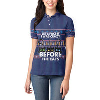 Crazy Cat Lover Women Polo Shirt with Black Cats and Funny Quote in Blue Holiday Knit Pattern Design - Wonder Print Shop