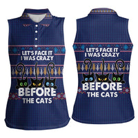 Crazy Cat Lover Women Sleeveless Polo Shirt with Black Cats and Funny Quote in Blue Holiday Knit Pattern Design - Wonder Print Shop