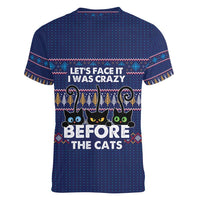 Crazy Cat Lover Women V-Neck T-Shirt with Black Cats and Funny Quote in Blue Holiday Knit Pattern Design - Wonder Print Shop