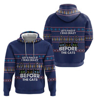 Crazy Cat Lover Zip Hoodie with Black Cats and Funny Quote in Blue Holiday Knit Pattern Design - Wonder Print Shop