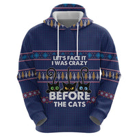 Crazy Cat Lover Zip Hoodie with Black Cats and Funny Quote in Blue Holiday Knit Pattern Design - Wonder Print Shop