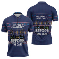 Crazy Cat Lover Zipper Polo Shirt with Black Cats and Funny Quote in Blue Holiday Knit Pattern Design - Wonder Print Shop