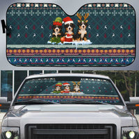 Bernese Mountain Dogs in Holiday Costumes Auto Sun Shade with Green Snowflake Pattern Design - Wonder Print Shop