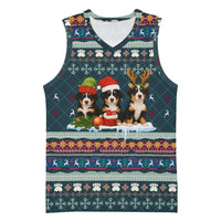 Bernese Mountain Dogs in Holiday Costumes Basketball Jersey with Green Snowflake Pattern Design - Wonder Print Shop
