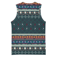 Bernese Mountain Dogs in Holiday Costumes Basketball Jersey with Green Snowflake Pattern Design - Wonder Print Shop