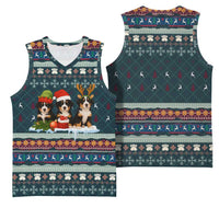 Bernese Mountain Dogs in Holiday Costumes Basketball Jersey with Green Snowflake Pattern Design - Wonder Print Shop