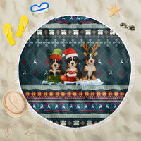 Bernese Mountain Dogs in Holiday Costumes Beach Blanket with Green Snowflake Pattern Design - Wonder Print Shop