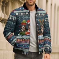 Bernese Mountain Dogs in Holiday Costumes Bomber Puffer Jacket with Green Snowflake Pattern Design - Wonder Print Shop