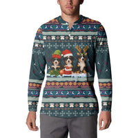 Bernese Mountain Dogs in Holiday Costumes Button Sweatshirt with Green Snowflake Pattern Design - Wonder Print Shop