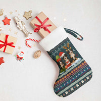 Bernese Mountain Dogs in Holiday Costumes Christmas Stocking with Green Snowflake Pattern Design - Wonder Print Shop