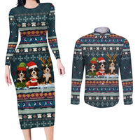 Bernese Mountain Dogs in Holiday Costumes Couples Matching Long Sleeve Bodycon Dress and Long Sleeve Button Shirt with Green Snowflake Pattern Design - Wonder Print Shop