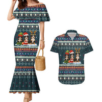 Bernese Mountain Dogs in Holiday Costumes Couples Matching Mermaid Dress and Hawaiian Shirt with Green Snowflake Pattern Design - Wonder Print Shop