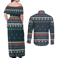 Bernese Mountain Dogs in Holiday Costumes Couples Matching Off Shoulder Maxi Dress and Long Sleeve Button Shirt with Green Snowflake Pattern Design - Wonder Print Shop