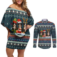 Bernese Mountain Dogs in Holiday Costumes Couples Matching Off Shoulder Short Dress and Long Sleeve Button Shirt with Green Snowflake Pattern Design - Wonder Print Shop