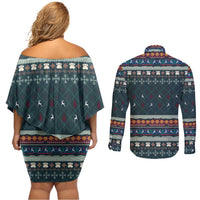 Bernese Mountain Dogs in Holiday Costumes Couples Matching Off Shoulder Short Dress and Long Sleeve Button Shirt with Green Snowflake Pattern Design - Wonder Print Shop