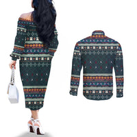Bernese Mountain Dogs in Holiday Costumes Couples Matching Off The Shoulder Long Sleeve Dress and Long Sleeve Button Shirt with Green Snowflake Pattern Design - Wonder Print Shop