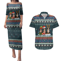 Bernese Mountain Dogs in Holiday Costumes Couples Matching Puletasi and Hawaiian Shirt with Green Snowflake Pattern Design - Wonder Print Shop
