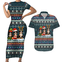 Bernese Mountain Dogs in Holiday Costumes Couples Matching Short Sleeve Bodycon Dress and Hawaiian Shirt with Green Snowflake Pattern Design - Wonder Print Shop