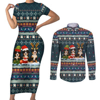 Bernese Mountain Dogs in Holiday Costumes Couples Matching Short Sleeve Bodycon Dress and Long Sleeve Button Shirt with Green Snowflake Pattern Design - Wonder Print Shop