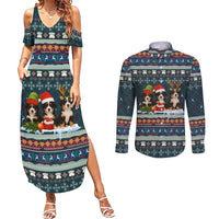 Bernese Mountain Dogs in Holiday Costumes Couples Matching Summer Maxi Dress and Long Sleeve Button Shirt with Green Snowflake Pattern Design - Wonder Print Shop