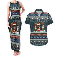 Bernese Mountain Dogs in Holiday Costumes Couples Matching Tank Maxi Dress and Hawaiian Shirt with Green Snowflake Pattern Design - Wonder Print Shop