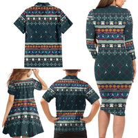 Bernese Mountain Dogs in Holiday Costumes Family Matching Long Sleeve Bodycon Dress and Hawaiian Shirt with Green Snowflake Pattern Design - Wonder Print Shop