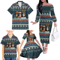 Bernese Mountain Dogs in Holiday Costumes Family Matching Off The Shoulder Long Sleeve Dress and Hawaiian Shirt with Green Snowflake Pattern Design - Wonder Print Shop