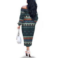 Bernese Mountain Dogs in Holiday Costumes Family Matching Off The Shoulder Long Sleeve Dress and Hawaiian Shirt with Green Snowflake Pattern Design - Wonder Print Shop