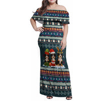Bernese Mountain Dogs in Holiday Costumes Family Matching Off Shoulder Maxi Dress and Hawaiian Shirt with Green Snowflake Pattern Design - Wonder Print Shop