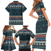Bernese Mountain Dogs in Holiday Costumes Family Matching Short Sleeve Bodycon Dress and Hawaiian Shirt with Green Snowflake Pattern Design - Wonder Print Shop