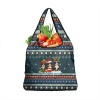 Bernese Mountain Dogs in Holiday Costumes Grocery Bag with Green Snowflake Pattern Design - Wonder Print Shop