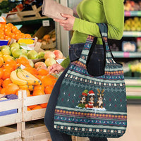 Bernese Mountain Dogs in Holiday Costumes Grocery Bag with Green Snowflake Pattern Design - Wonder Print Shop