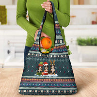 Bernese Mountain Dogs in Holiday Costumes Grocery Bag with Green Snowflake Pattern Design - Wonder Print Shop