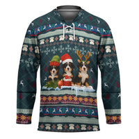 Bernese Mountain Dogs in Holiday Costumes Hockey Jersey with Green Snowflake Pattern Design - Wonder Print Shop