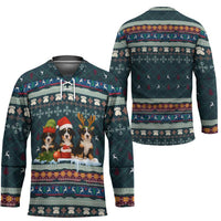 Bernese Mountain Dogs in Holiday Costumes Hockey Jersey with Green Snowflake Pattern Design - Wonder Print Shop