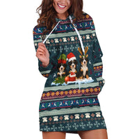 Bernese Mountain Dogs in Holiday Costumes Hoodie Dress with Green Snowflake Pattern Design - Wonder Print Shop