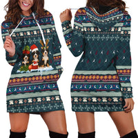 Bernese Mountain Dogs in Holiday Costumes Hoodie Dress with Green Snowflake Pattern Design - Wonder Print Shop