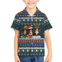 Bernese Mountain Dogs in Holiday Costumes Kid Hawaiian Shirt with Green Snowflake Pattern Design - Wonder Print Shop