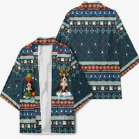 Bernese Mountain Dogs in Holiday Costumes Kimono with Green Snowflake Pattern Design - Wonder Print Shop