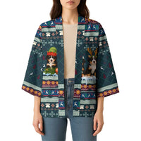Bernese Mountain Dogs in Holiday Costumes Kimono with Green Snowflake Pattern Design - Wonder Print Shop