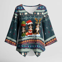 Bernese Mountain Dogs in Holiday Costumes Kimono Sleeve Blouse with Green Snowflake Pattern Design - Wonder Print Shop