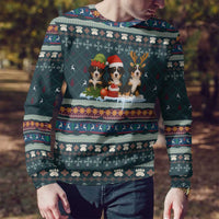 Bernese Mountain Dogs in Holiday Costumes Ugly Christmas Sweater with Green Snowflake Pattern Design - Wonder Print Shop